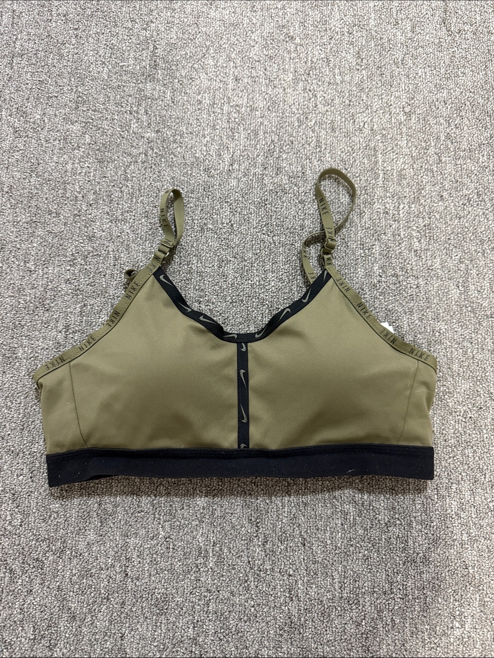 Nike Olive Green Adjustable-Strap Sports Bra with Black Trim size medium
